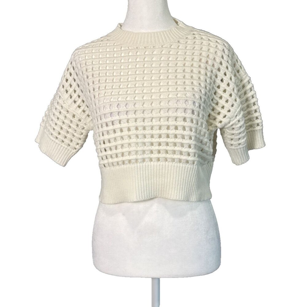 Papermoon Cream Open Knit Cropped Short Sleeve Sweater Sz SM Boho-Chic Coquette